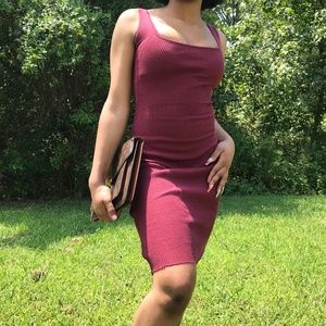 Burgundy square neck maxi body con dress